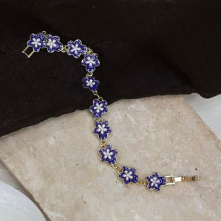 Vintage Blue Enamel Floral Link Bracelet – Gold Tone
