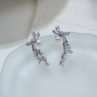 Silver-Tone Crystal Bow & Pearl Drop Earrings