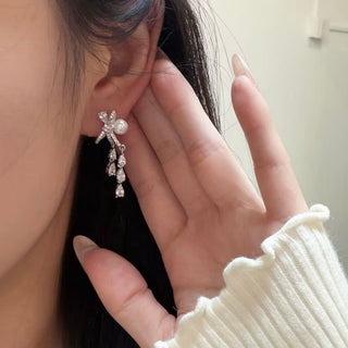 Silver-Tone Crystal Bow & Pearl Drop Earrings