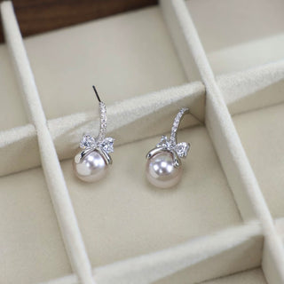 Rose-Lilac Pearl Bow CZ Stud Earrings with 925 Silver Posts