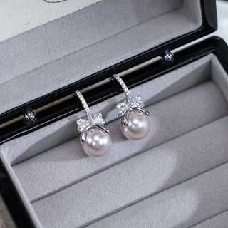 Rose-Lilac Pearl Bow CZ Stud Earrings with 925 Silver Posts