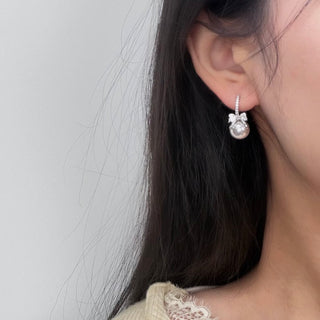 Rose-Lilac Pearl Bow CZ Stud Earrings with 925 Silver Posts